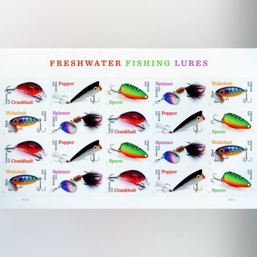 100 Freshwater Fishing Lures 2025‎ Forever Postage Stamps USPS Bachelor Party